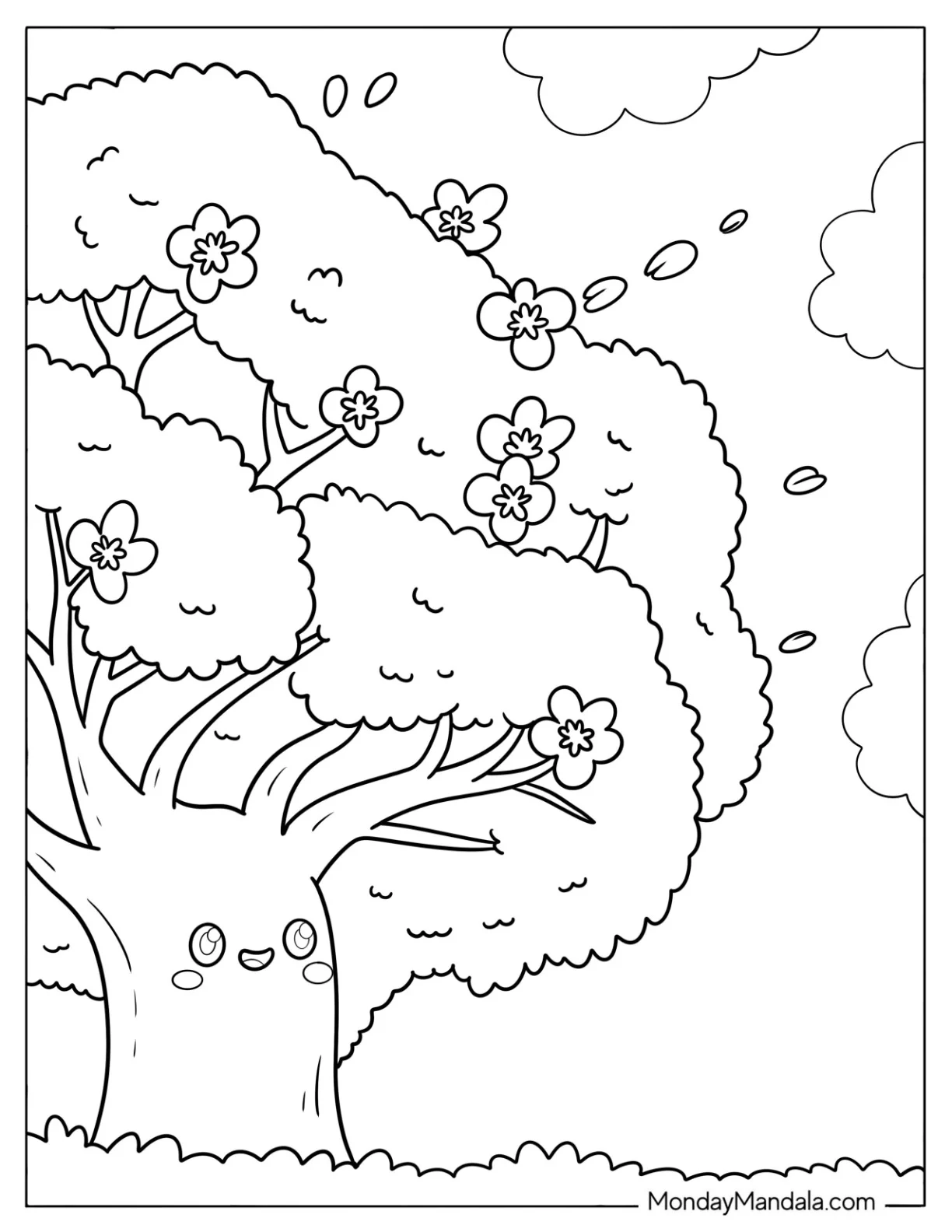 Easy Flower Coloring Page Booming on a Massive Tree coloring page — printable line art