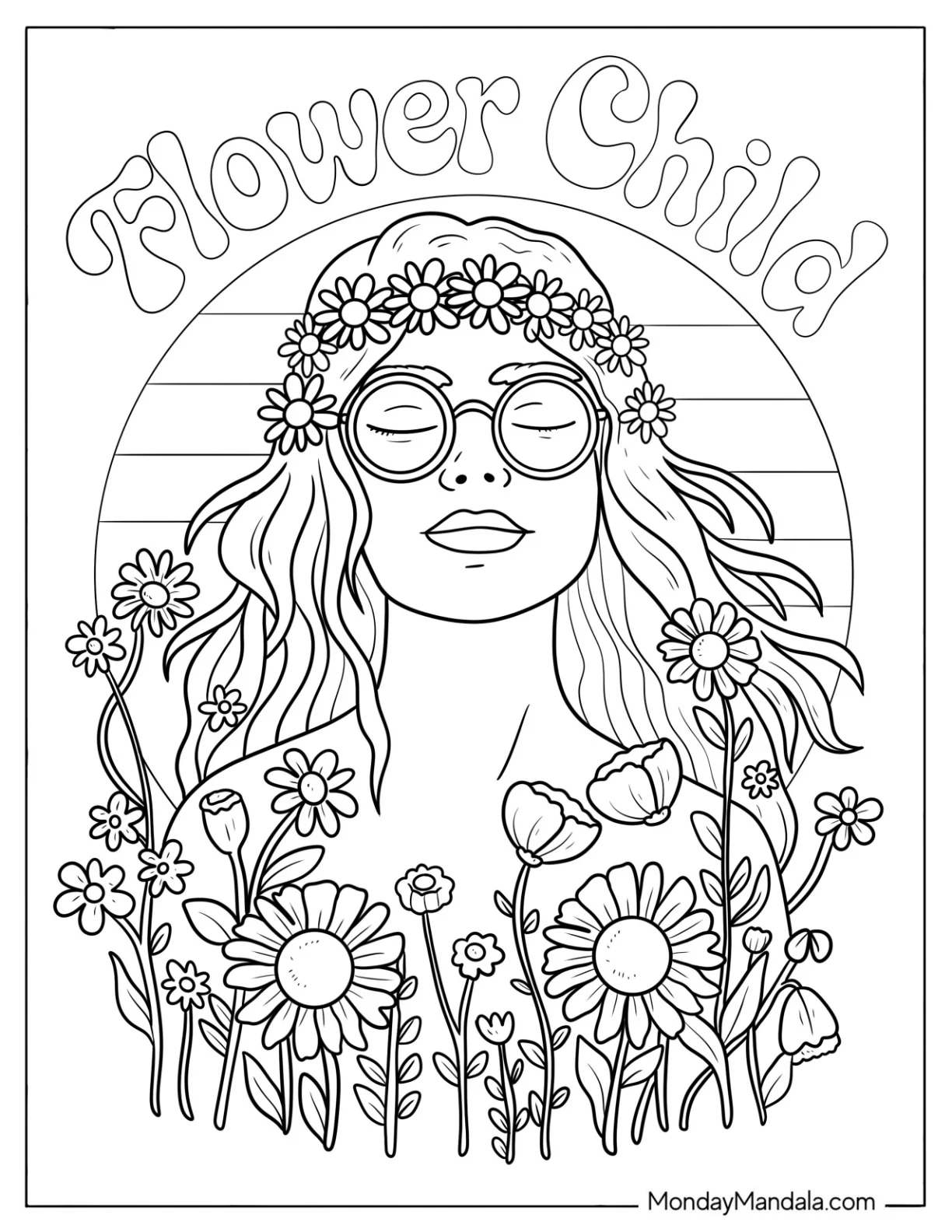 Flower Child Text with Hippie Girl in Sunglasses Coloring Page coloring page — printable line art