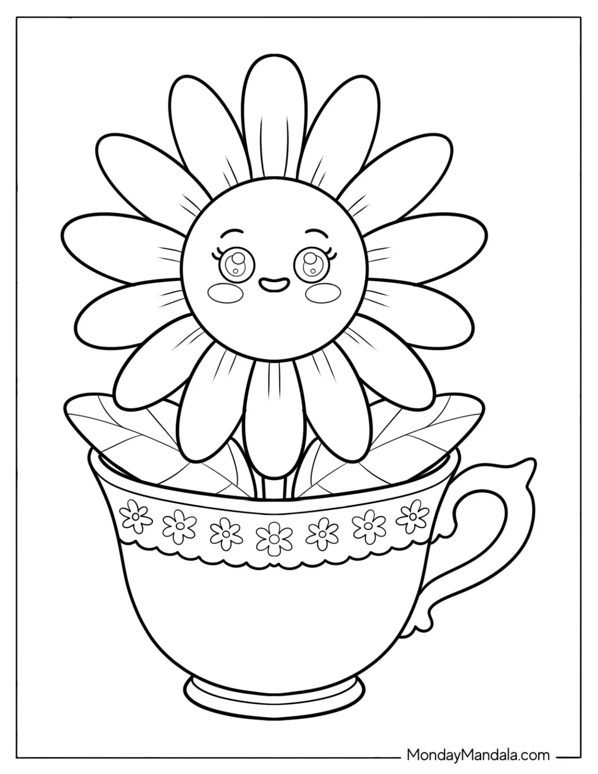 Flower Coloring Page of Adorable Little Daisy in a Teacup for Kids coloring page — printable line art