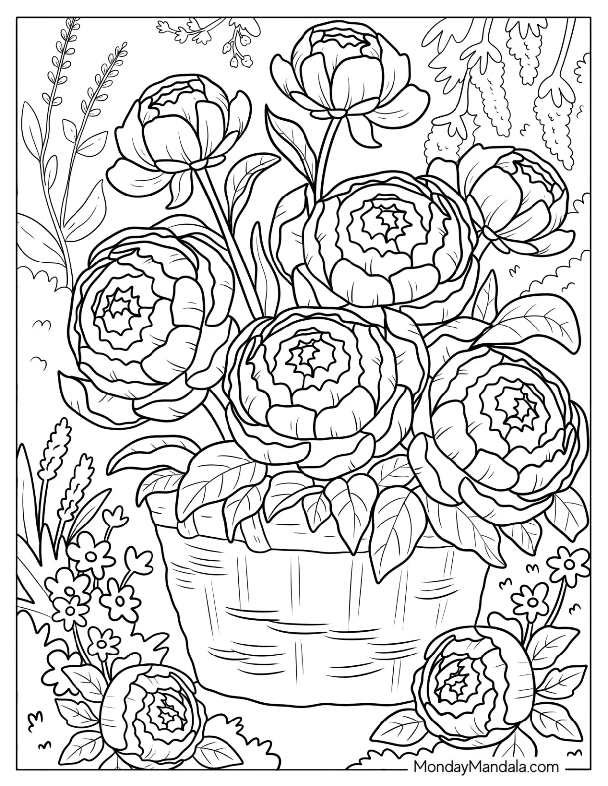 Flower Coloring Page of Blooming Peonies in a Basket coloring page — printable line art