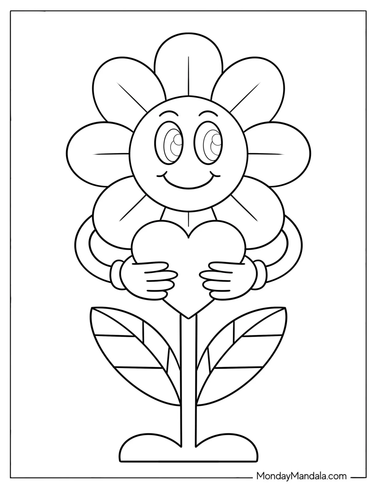 Flower Coloring Page of Cheerful Sunflower Holding a Love Heart for Preschoolers coloring page — printable line art