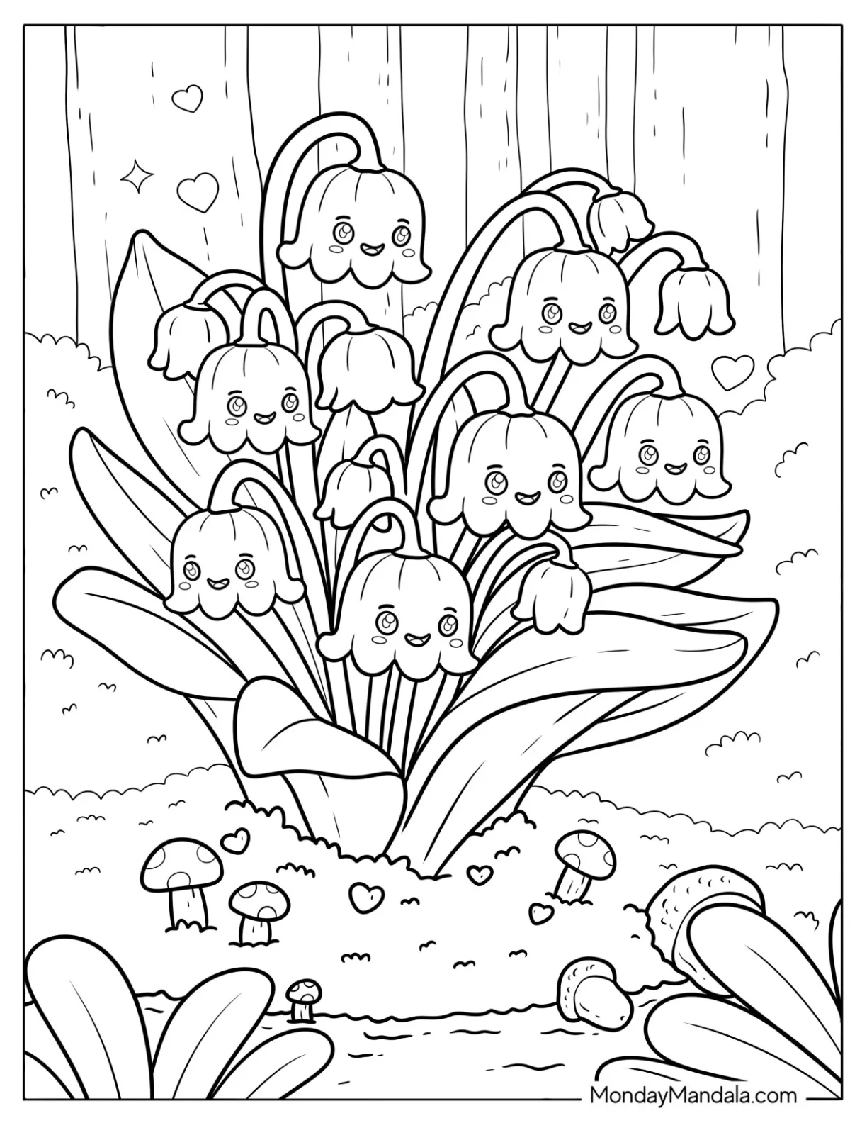 Flower Coloring Page of Chibi Lilly of the Valley Bells on the Forest Floor coloring page