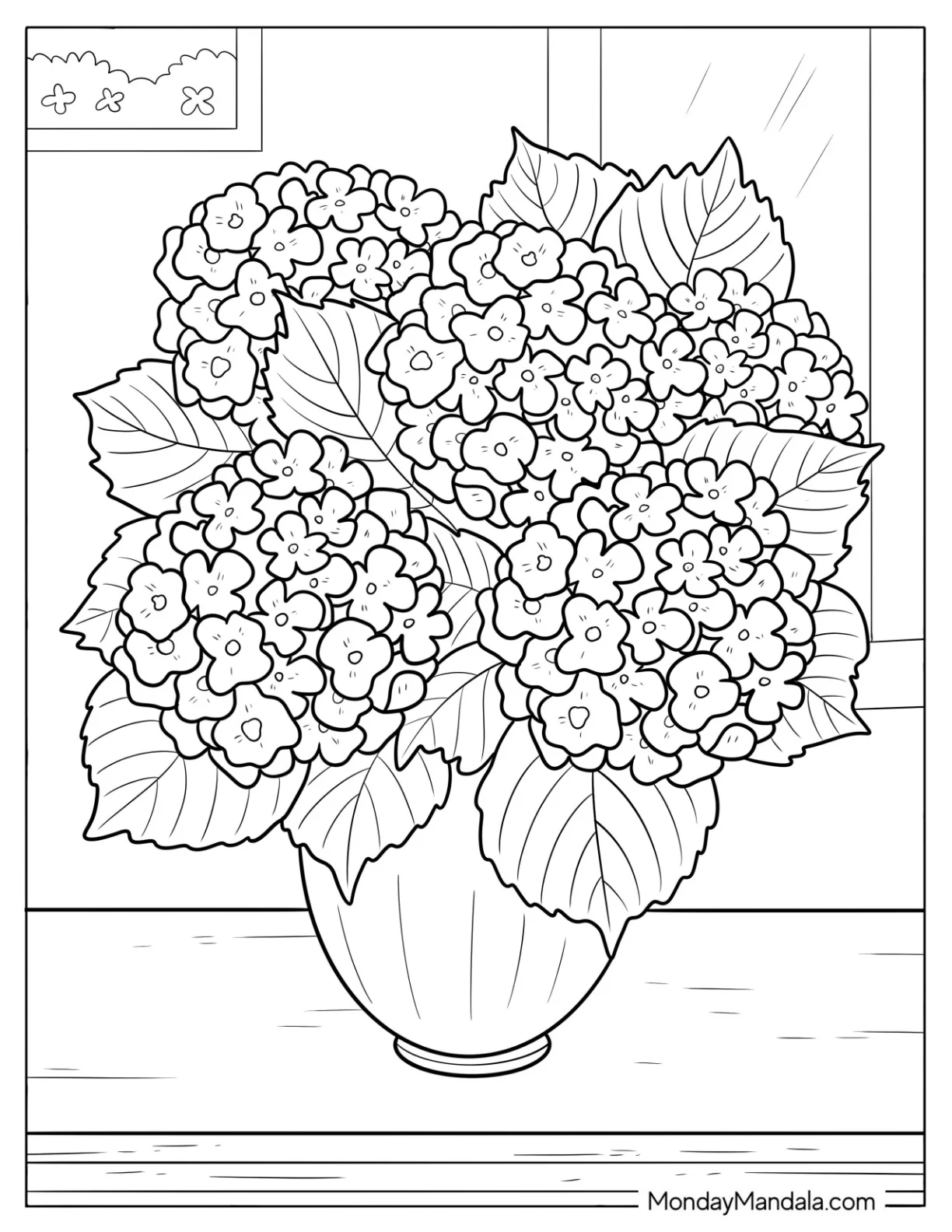 Flower Coloring Page of Elegant Vase of Hydrangeas with Leaves coloring page