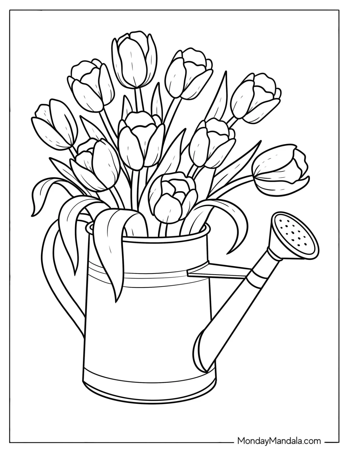 Flower Coloring Page of Fresh Tulips in a Watering Can for Kids coloring page — printable line art