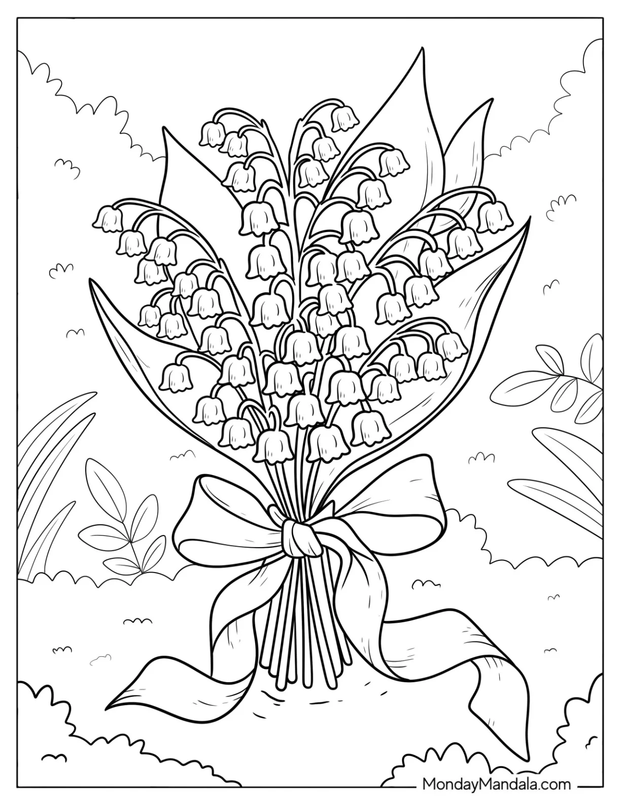 Flower Coloring Page of Lily of the Valley Bouquet Tied with a Ribbon coloring page — printable line art