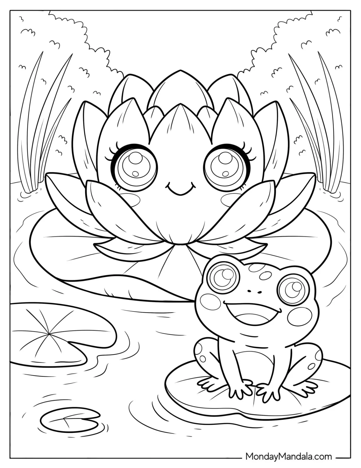 Flower Coloring Page of Lovely Water Lily in a Pond with a Frog for Kids coloring page