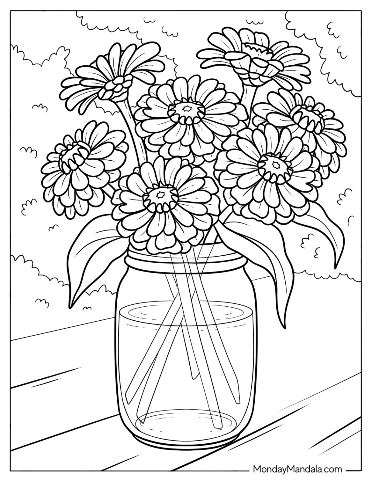 Flower Coloring Page of Realistic Zinnias in a Mason Jar on a Picnic Table coloring page — printable line art