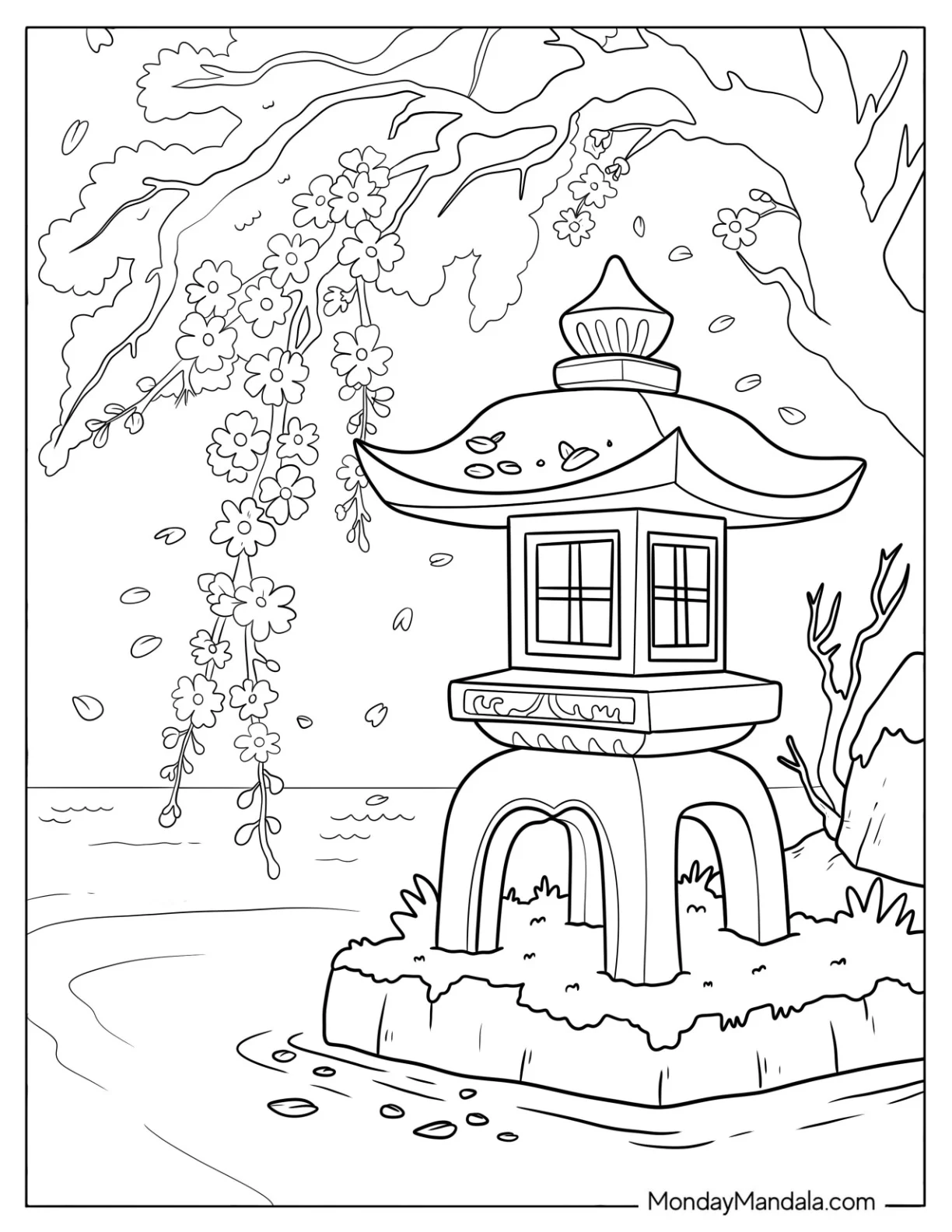 Flower Coloring Page of Sakura Cherry Blossoms Falling On Japanese Lantern coloring page — printable line art