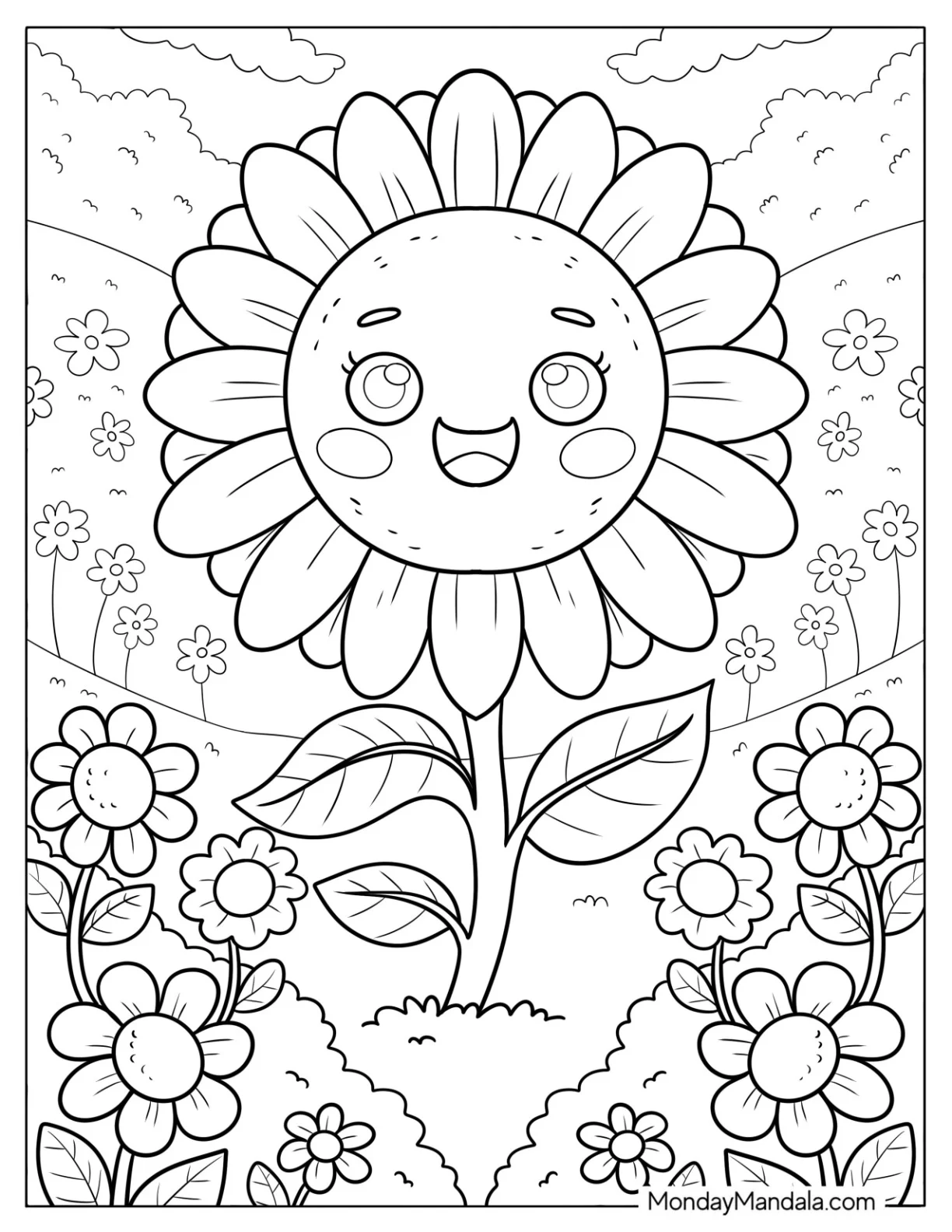 Flower Coloring Page of Smiling Cartoon Sunflower in a Garden for Kids coloring page