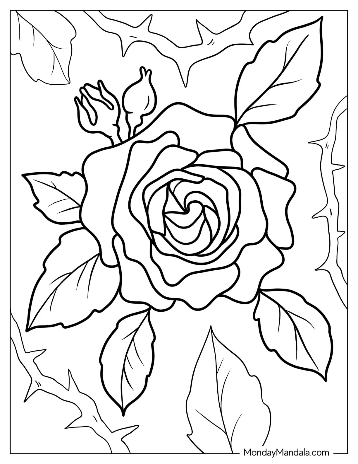 Flower Coloring Pages Of Blooming Rose With Thorns coloring page