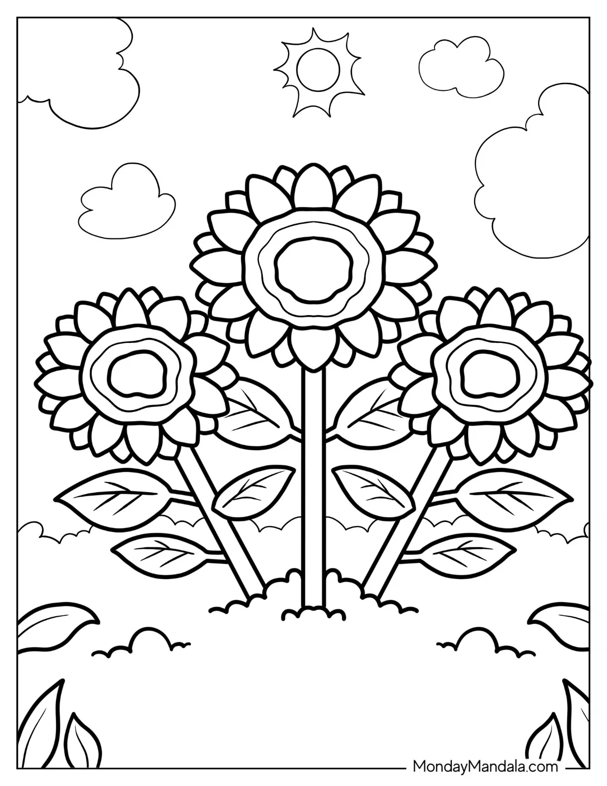 Flower Coloring Pages Of Cartoon Sunflowers In The Sun coloring page — printable line art