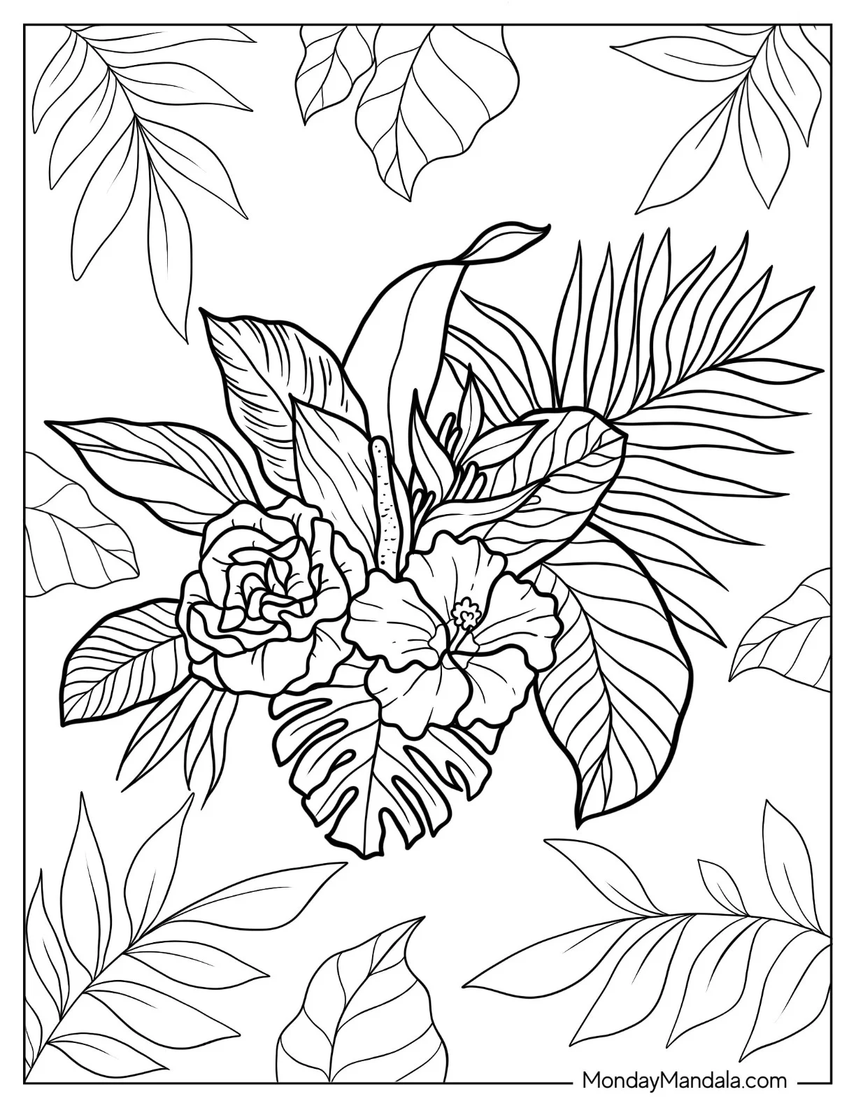 Flower Coloring Pages Of Exotic Tropical Orchid, Strelitzia, Hibiscus, Protea, And Calathea coloring page