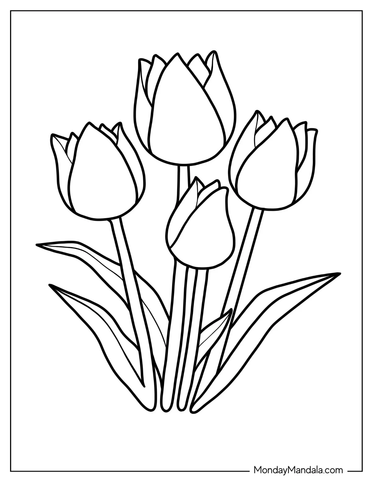 Flower Coloring Pages Of Four Blooming Tulips For Kids coloring page — printable line art