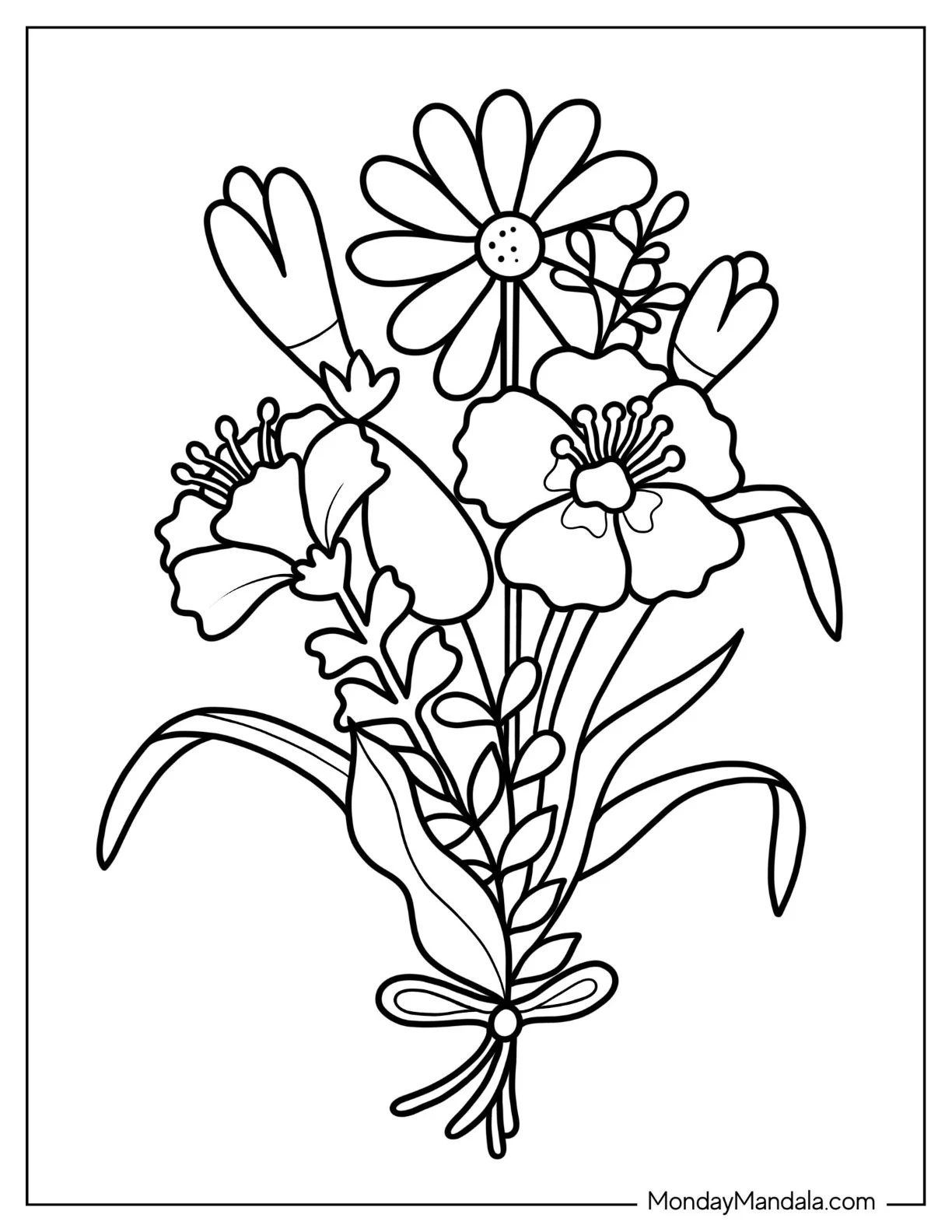 Flower Coloring Pages Of Hibiscus And Daisies With Wildflowers coloring page — printable line art
