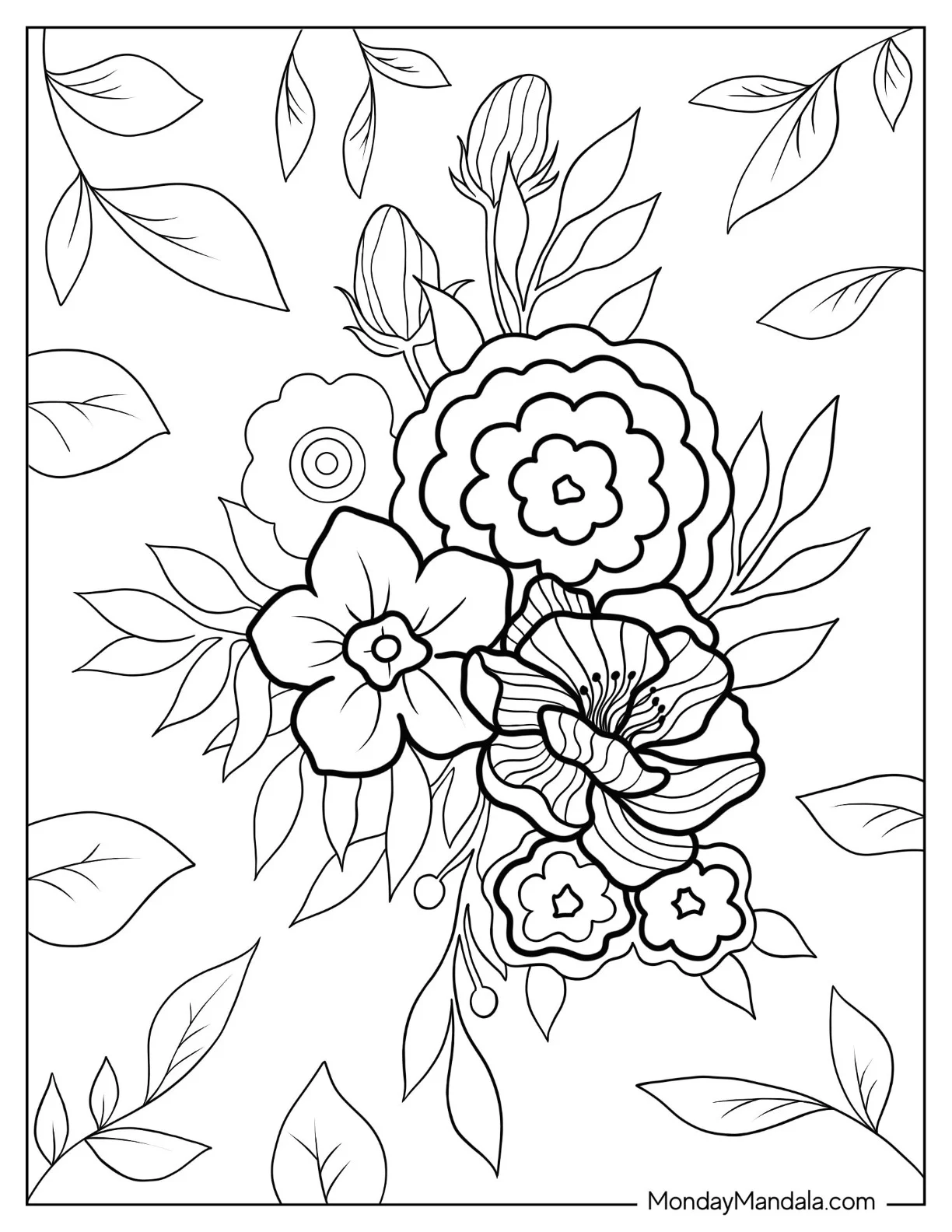 Flower Coloring Pages Of Hibiscus, Daisy, And Dahlias coloring page — printable line art