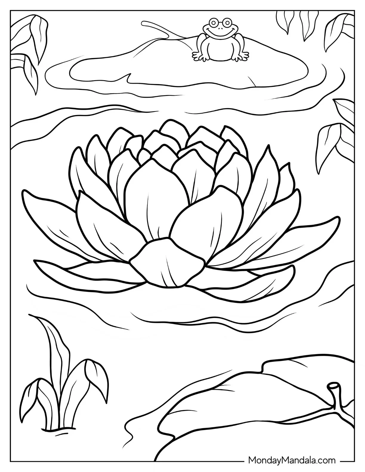 Flower Coloring Pages Of Large Water Lily On Pond coloring page — printable line art
