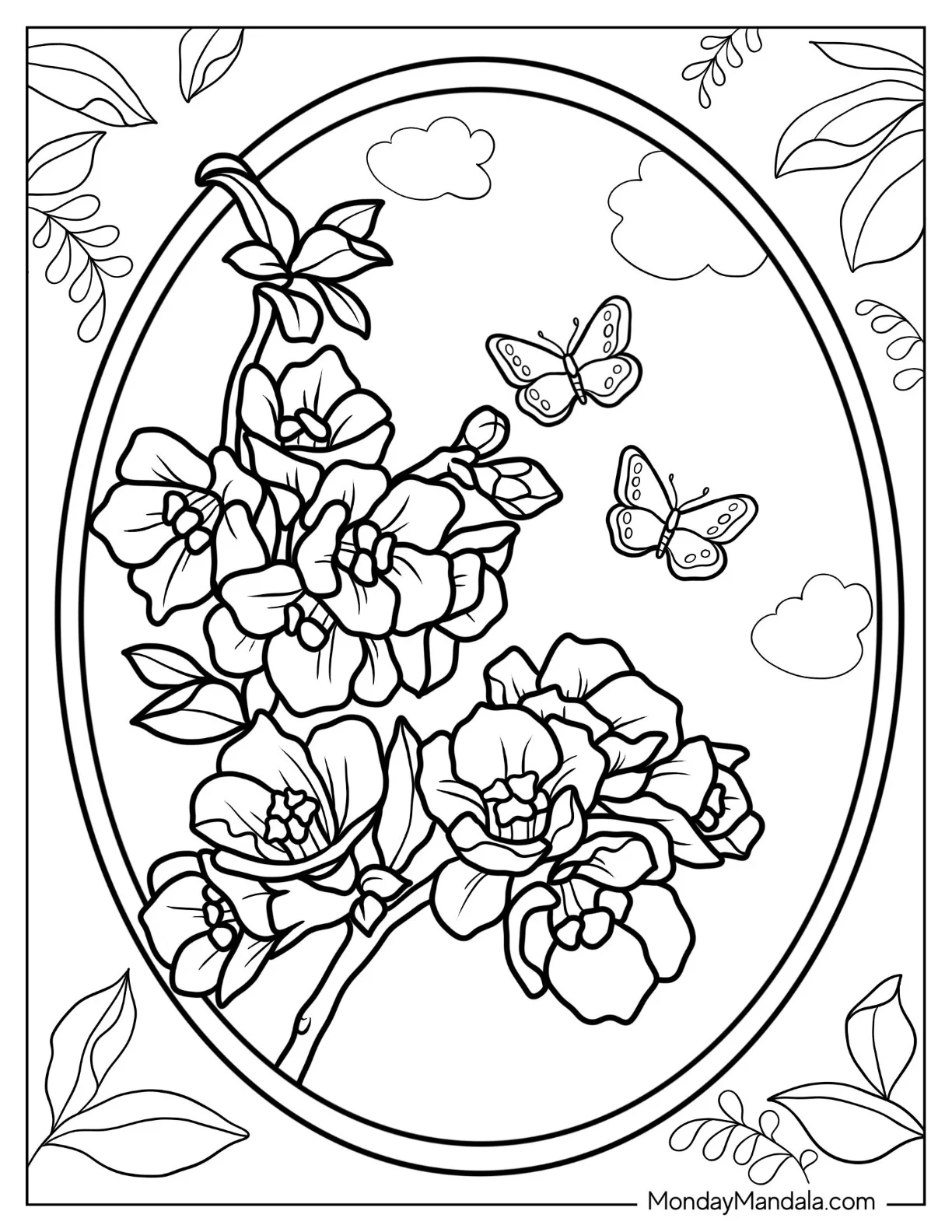 Flower Coloring Pages Of Quince With Butterflies In A Ring coloring page — printable line art