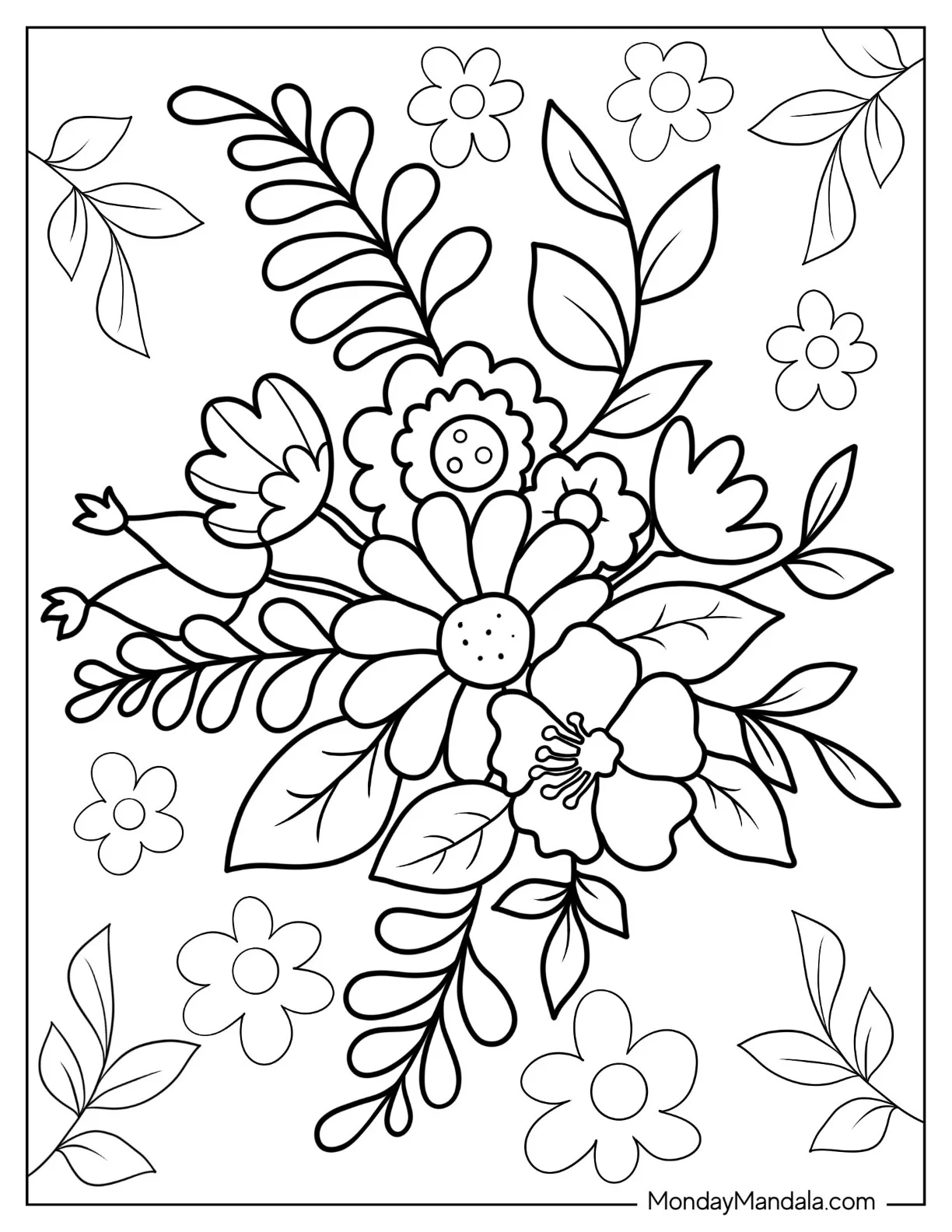 Flower Coloring Pages Of Small Bouquet Of Hibiscus, Lilies, And Wildflowers coloring page — printable line art