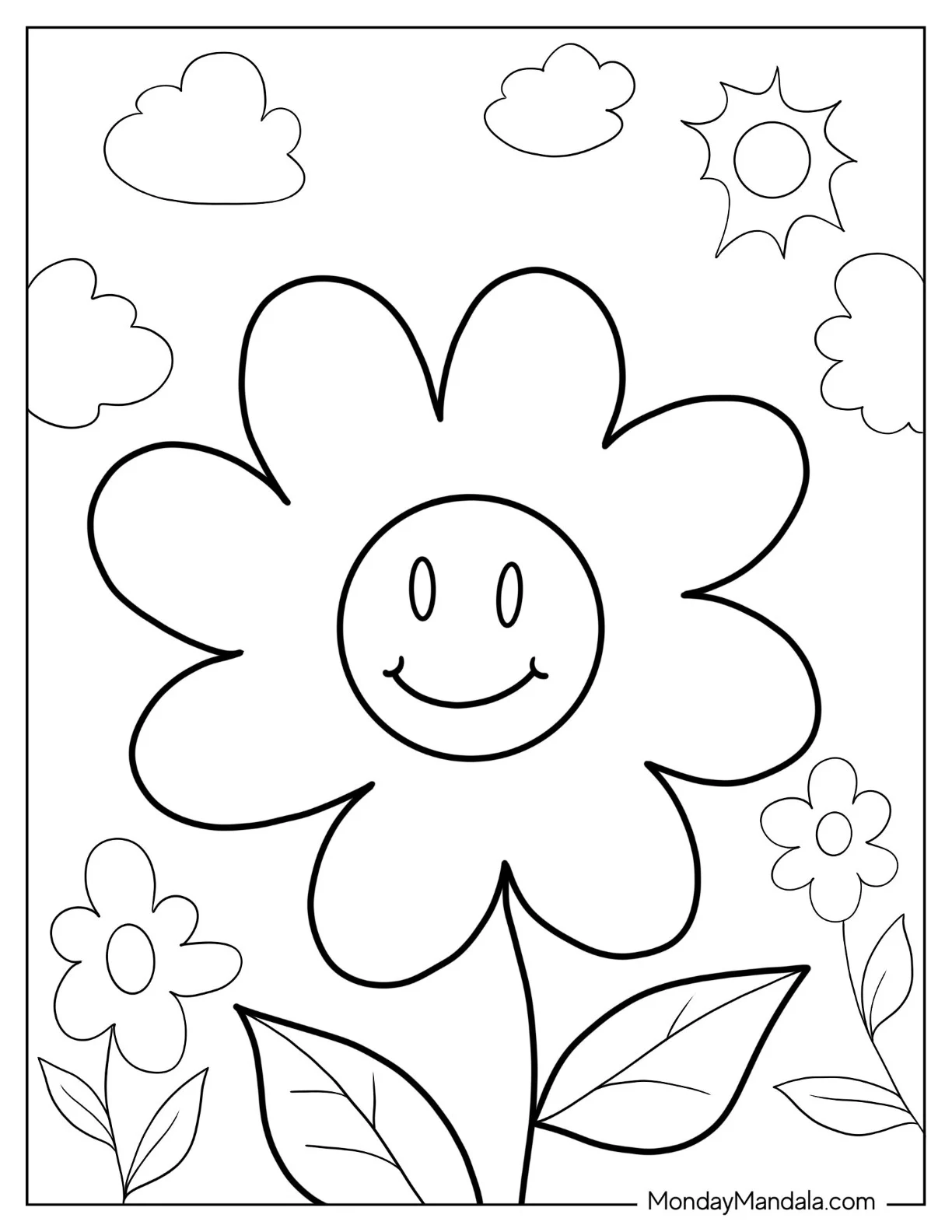 Flower Coloring Pages Of Smiling Sunflower For Preschoolers coloring page — printable line art