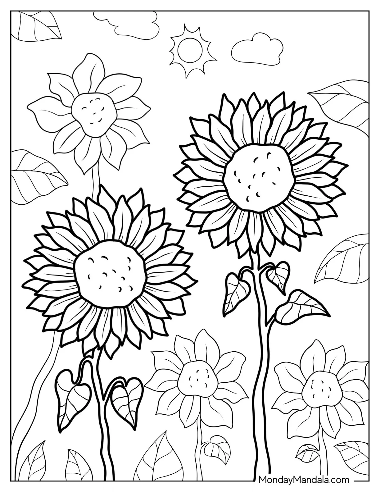 Flower Coloring Pages Of Sunflowers In A Field Under The Sun coloring page