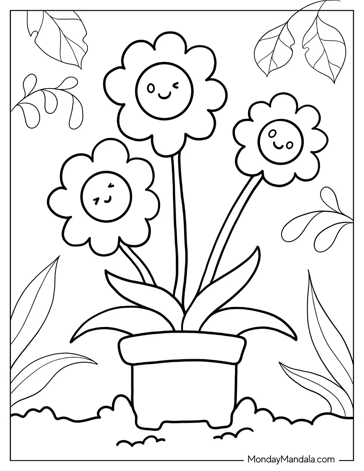 Flower Coloring Pages Of Three Happy Sunflowers In Garden Pot coloring page