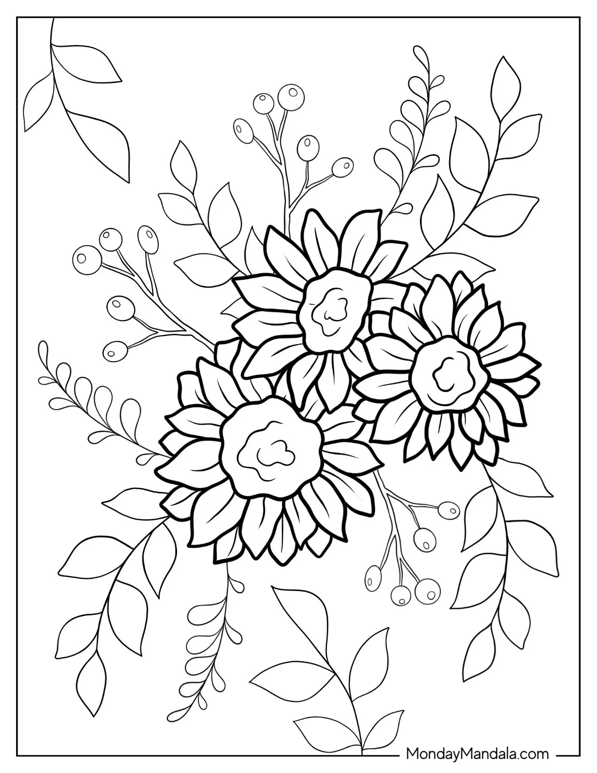 Flower Coloring Pages Of Three Small Sunflowers With Leaves coloring page