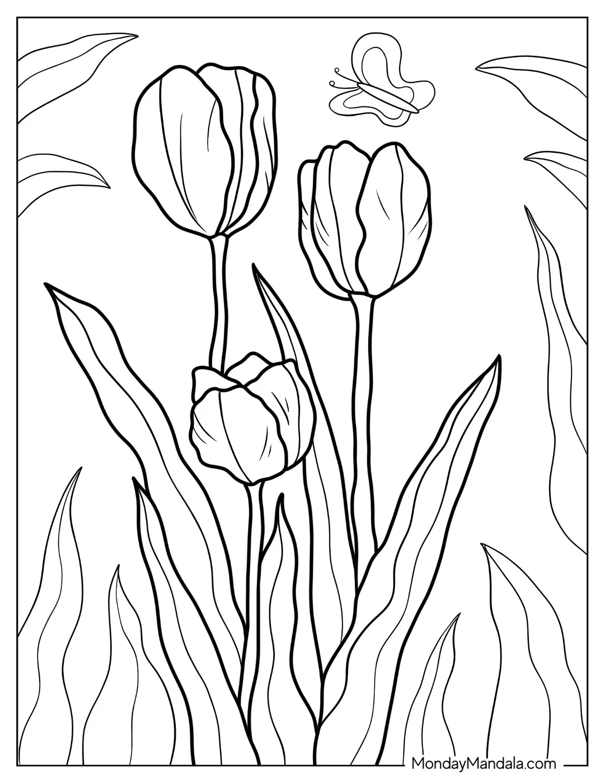 Flower Coloring Pages Of Three Tulips With Butterfly coloring page