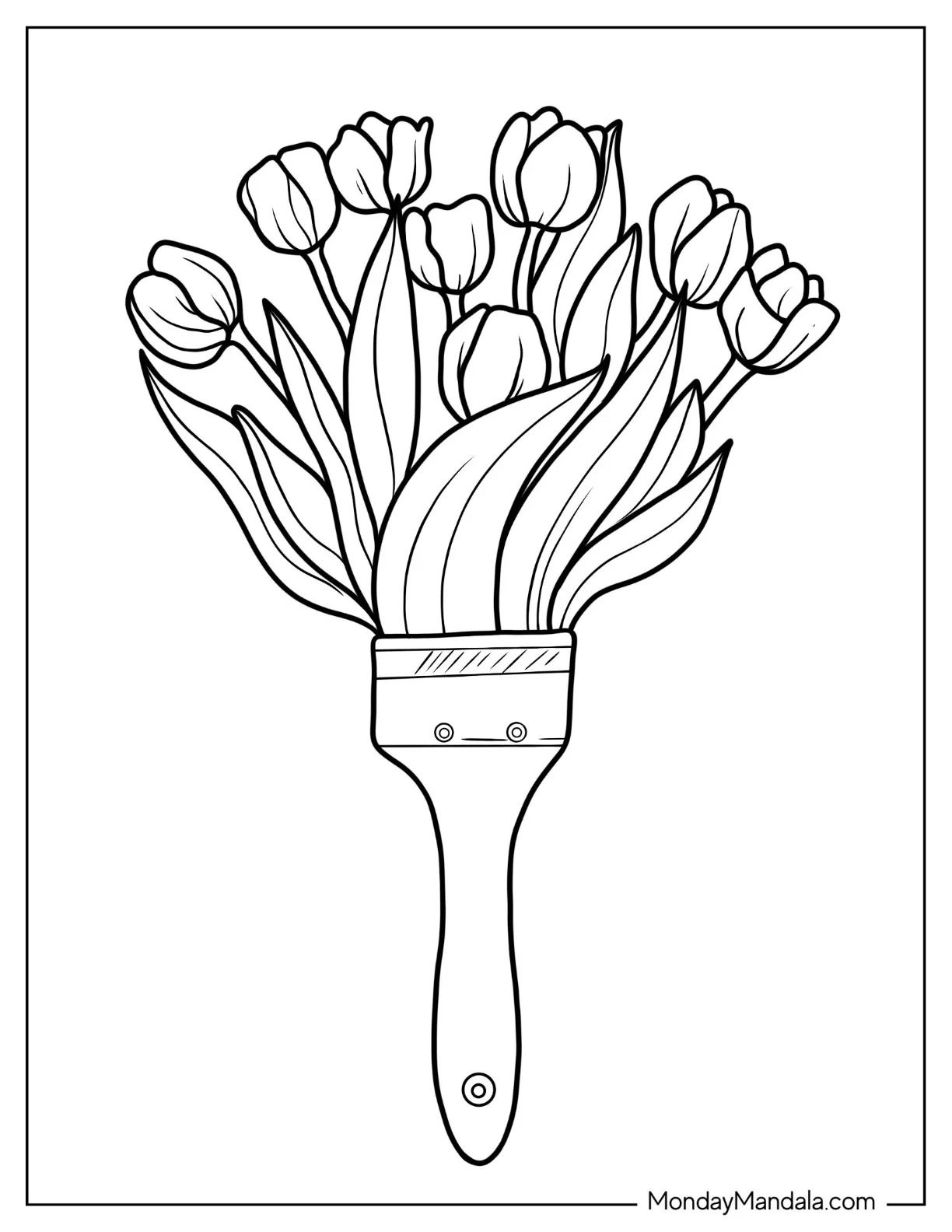 Flower Coloring Pages Of Tulips Bouquet On Paint Brush Handle Vase coloring page