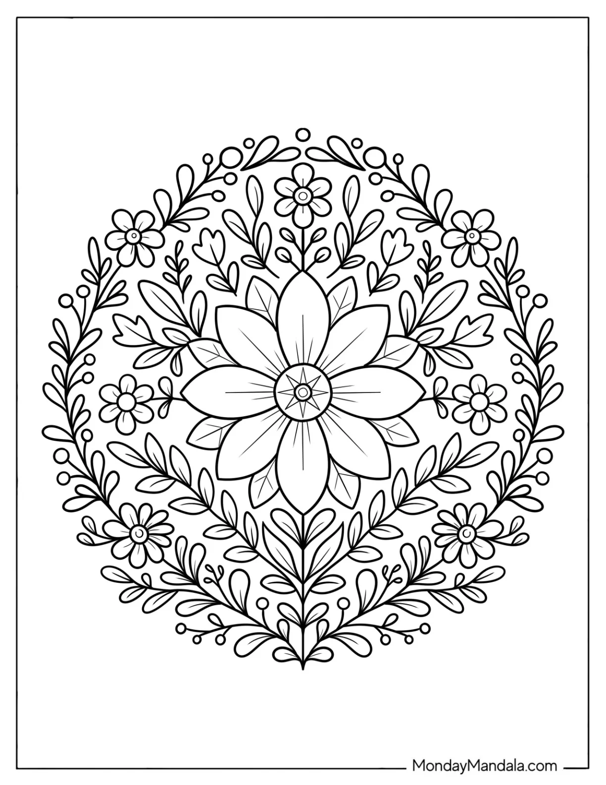 Simple Flower Coloring Page Mandala with Leaves coloring page