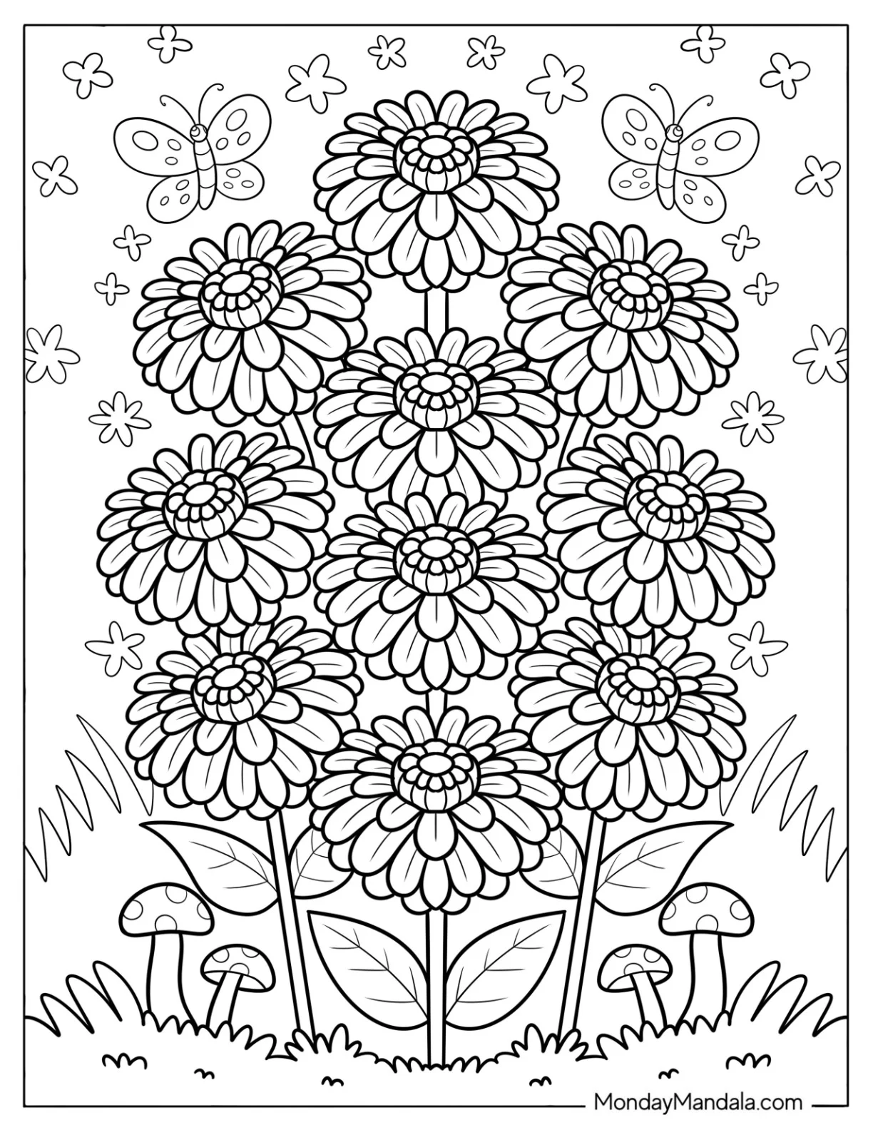 Zinnia Flower Coloring Page in a Garden with Mushrooms and Butterflies for Kids coloring page