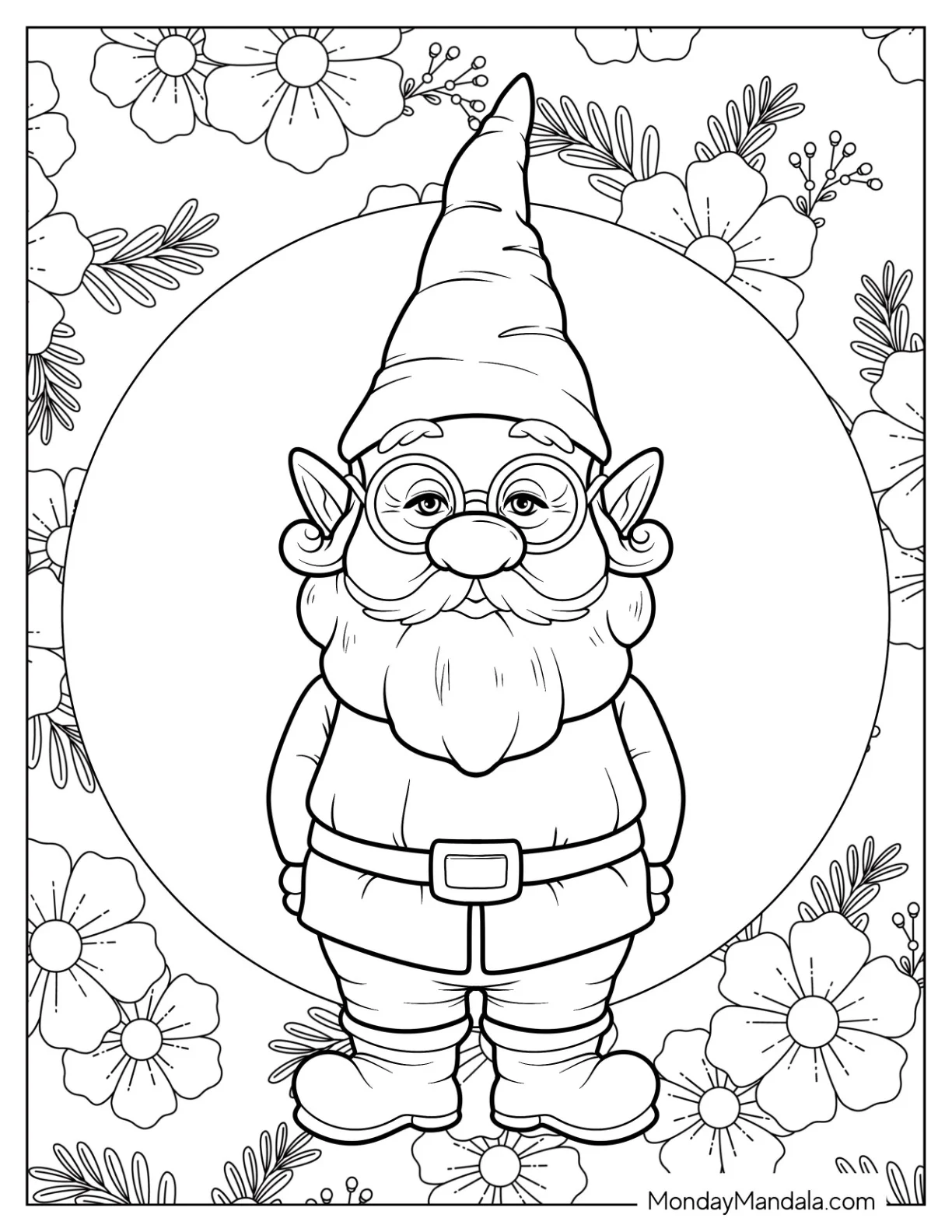 Cute Garden Gnome With Floral Background coloring page — printable line art