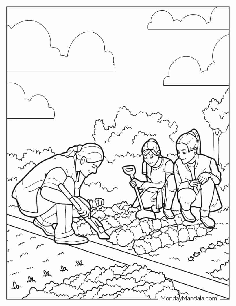 Family Gardening Together Coloring Sheet coloring page