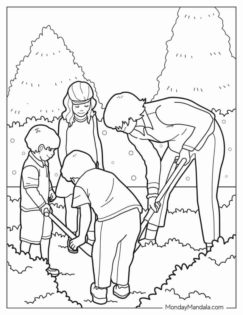 Father And Children Shoveling In The Garden coloring page