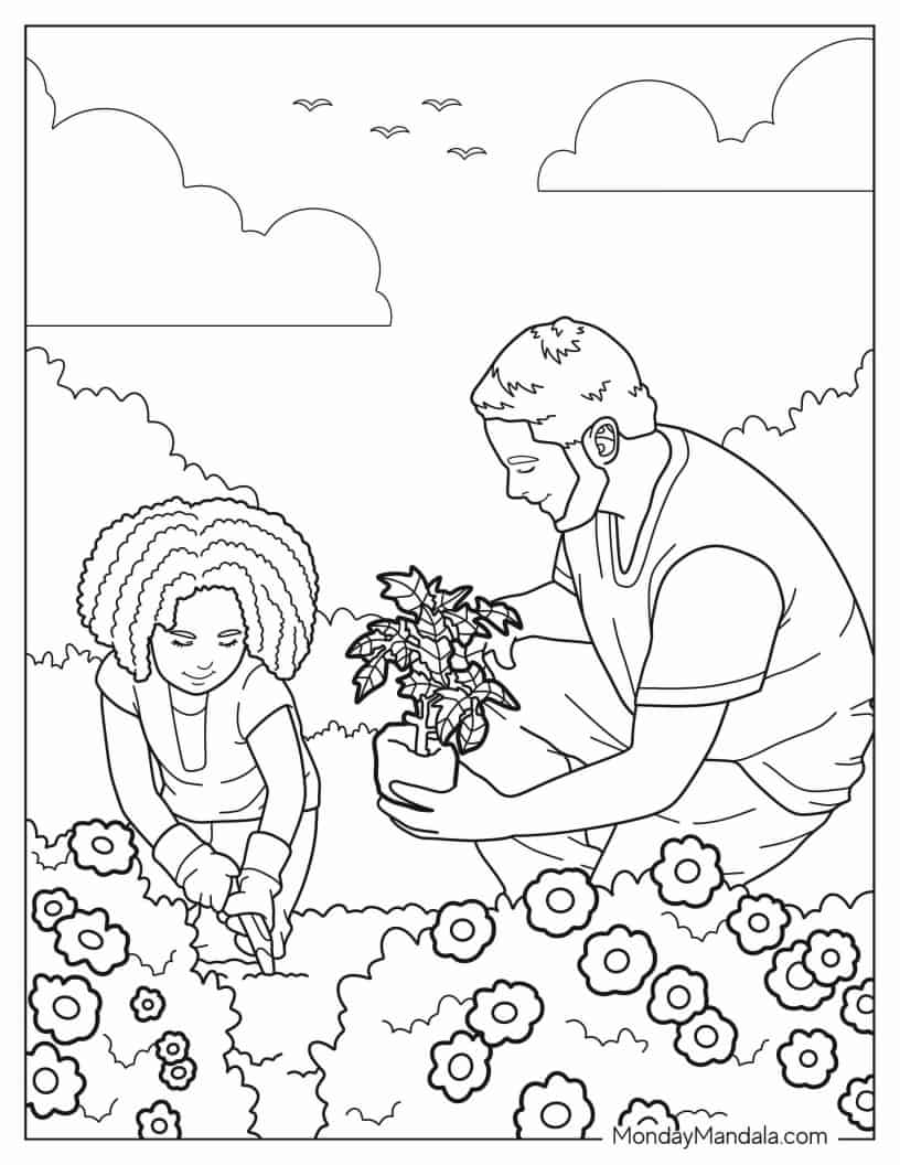 Father And Daughter Gardening Together coloring page