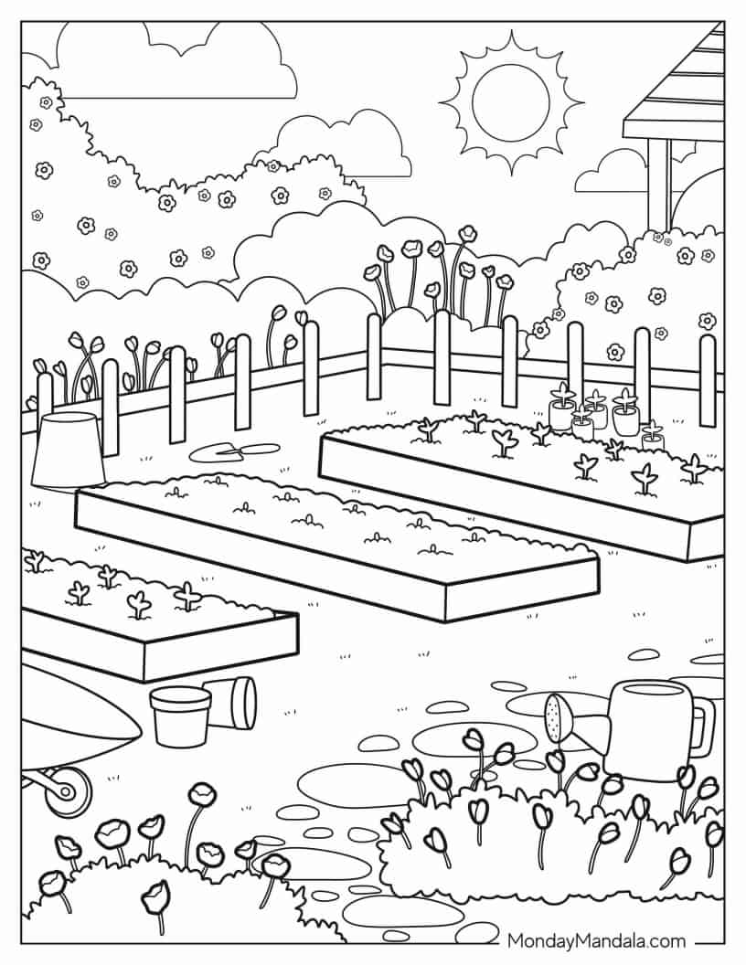 Flower Garden Coloring In For Young Kids coloring page — printable line art