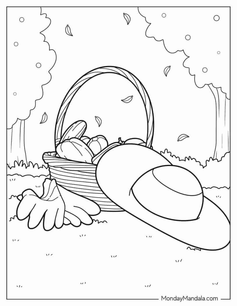 Gardener_s Hat And Gloves Beside Fruit Basket coloring page