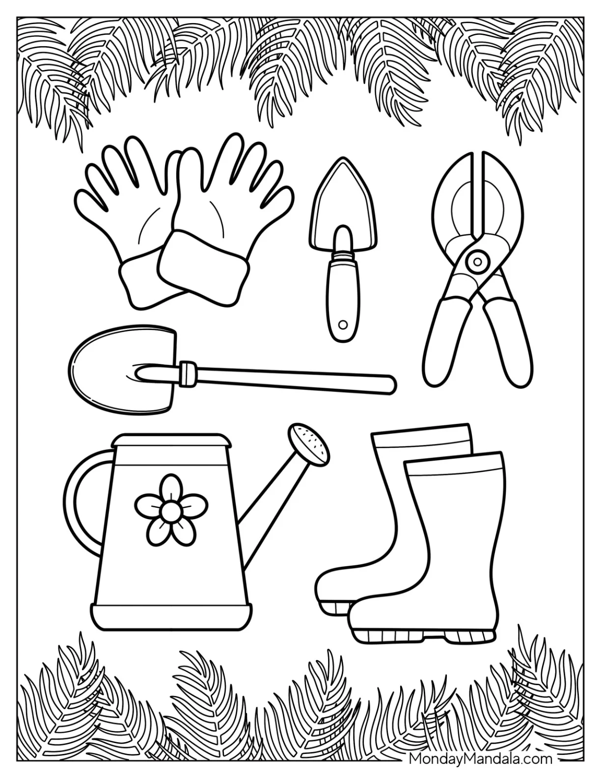 Gardening Boots, Spade, Clippers, Gloves, Shovel, And Watering Can Coloring Page coloring page — printable line art