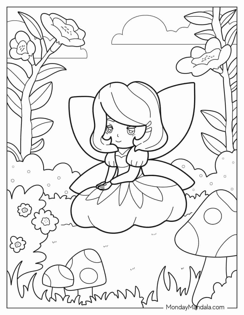 Kawaii Fairy Sitting In Flower Garden coloring page — printable line art