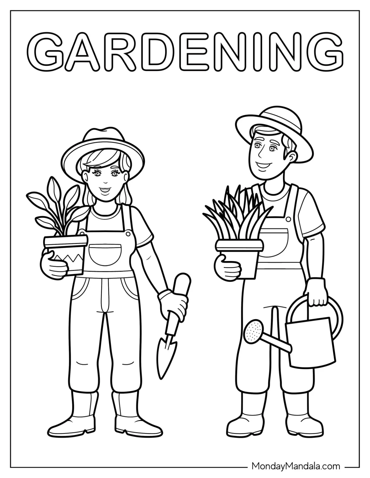 Man And Woman In Overalls Carrying Plants And Gardening Tools coloring page