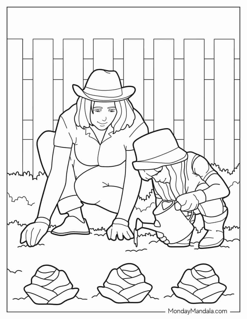 Realistic Mother And Daughter Sowing Seeds coloring page