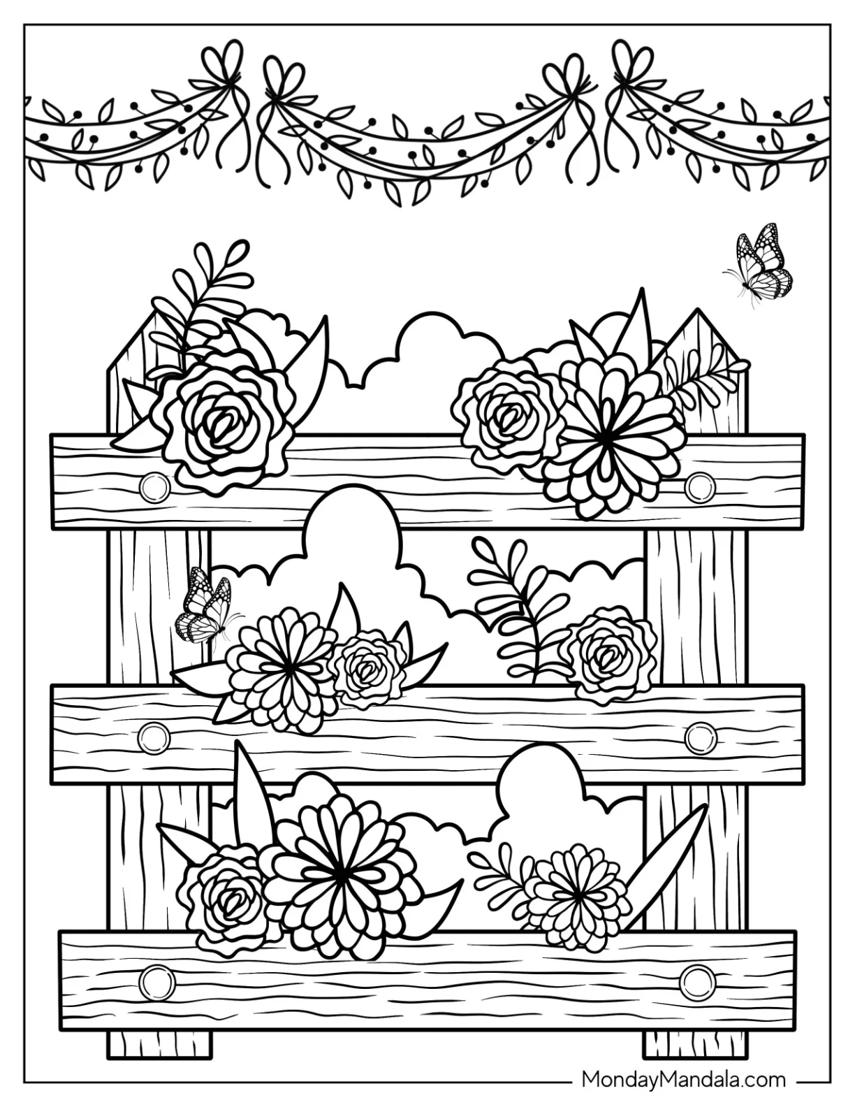 Short Wooden Ladder With Flowers And Butterflies Coloring Page coloring page