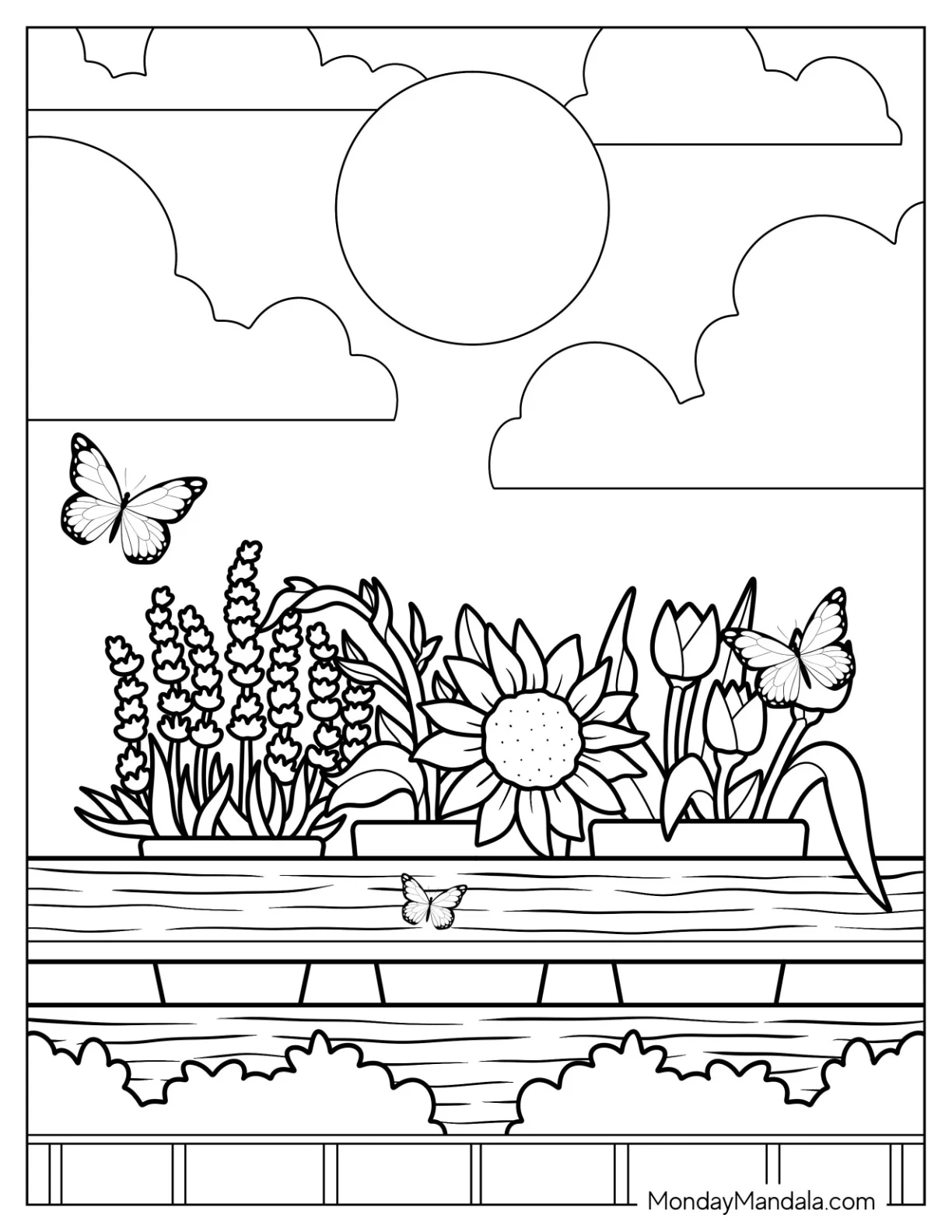 Three Flower Pots Behind A Fence Coloring Page coloring page