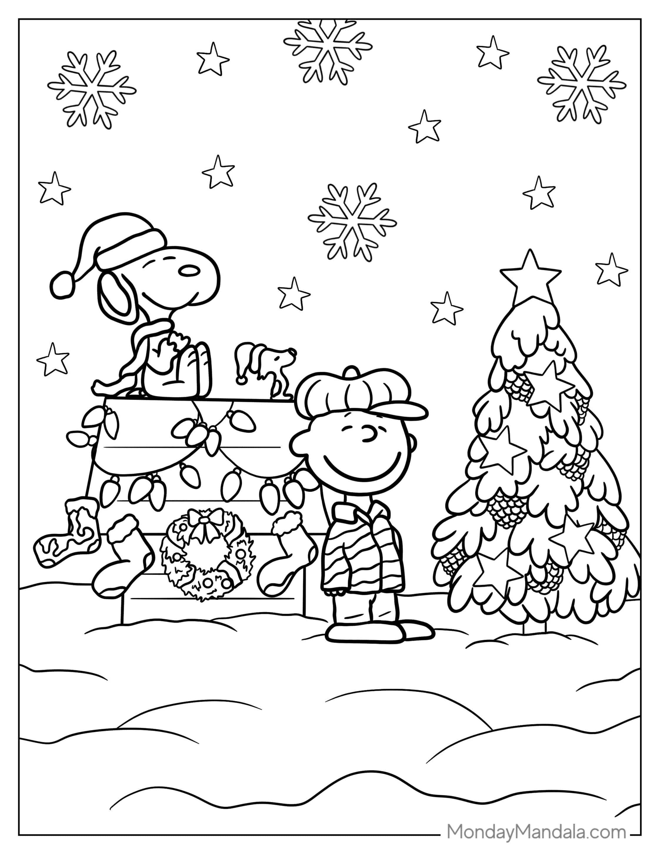 Charlie Brown And Snoopy With Christmas Tree To Color coloring page