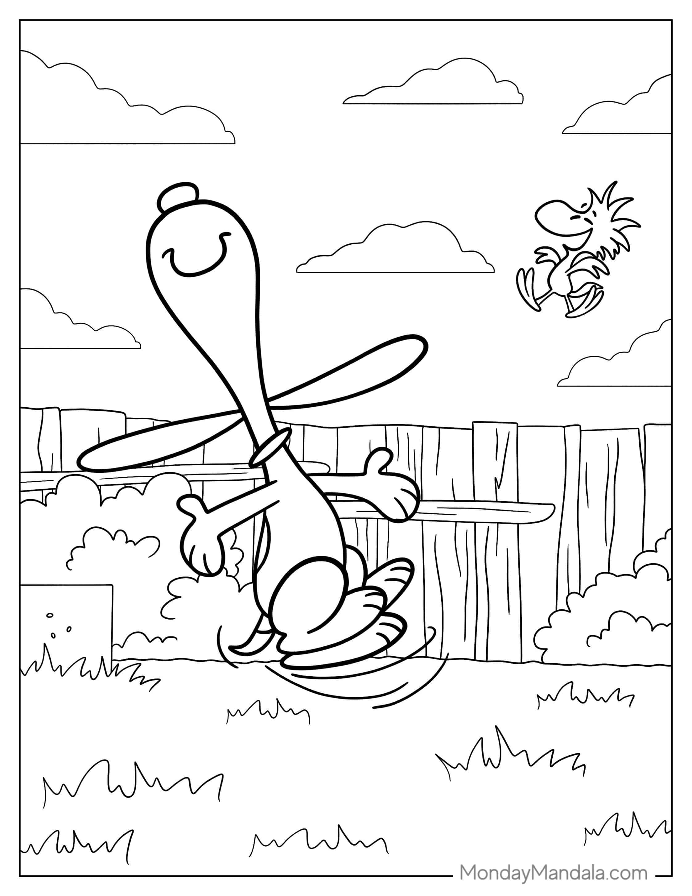 Dancing Snoopy With Woodstock To Color coloring page — printable line art