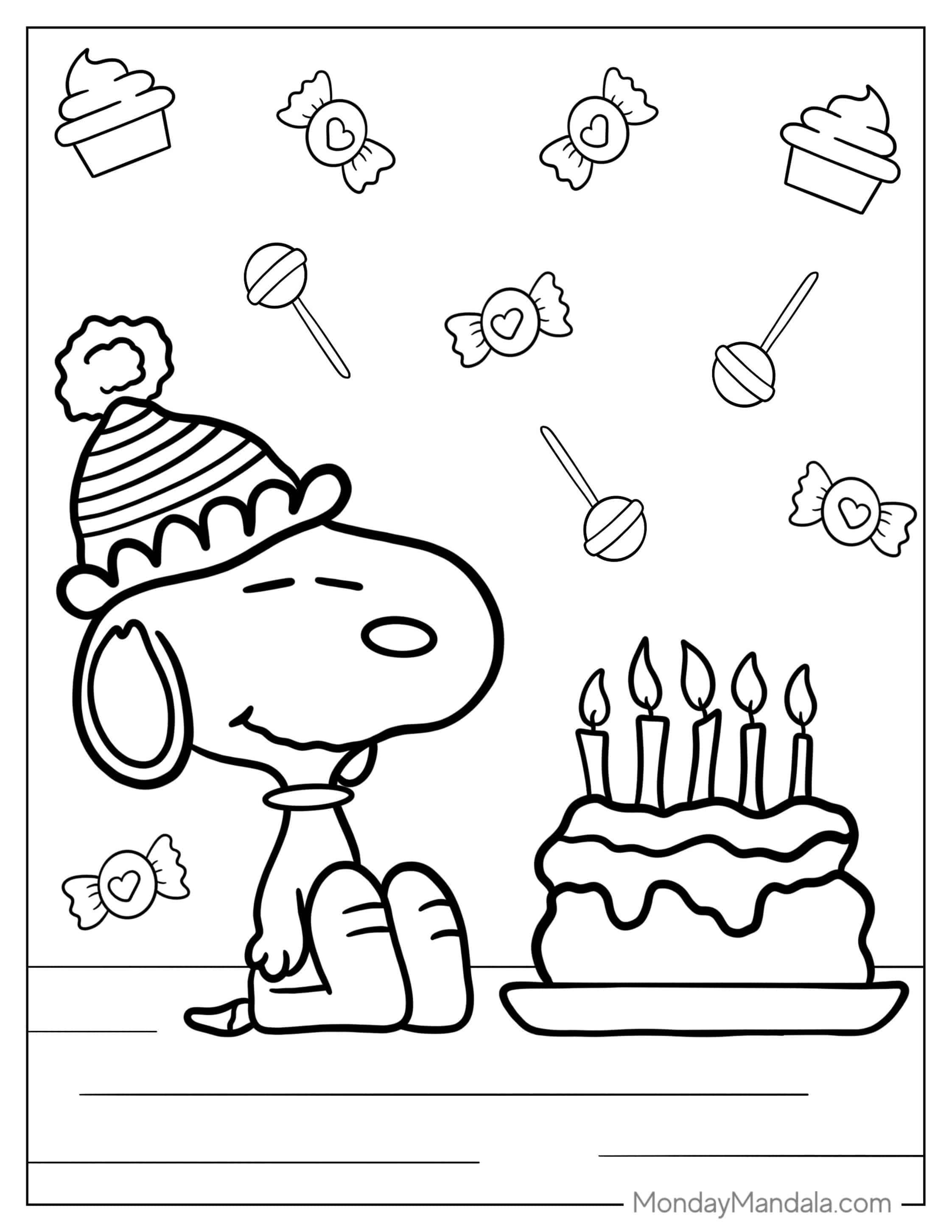 Happy Birthday Themed Snoopy To Color coloring page — printable line art