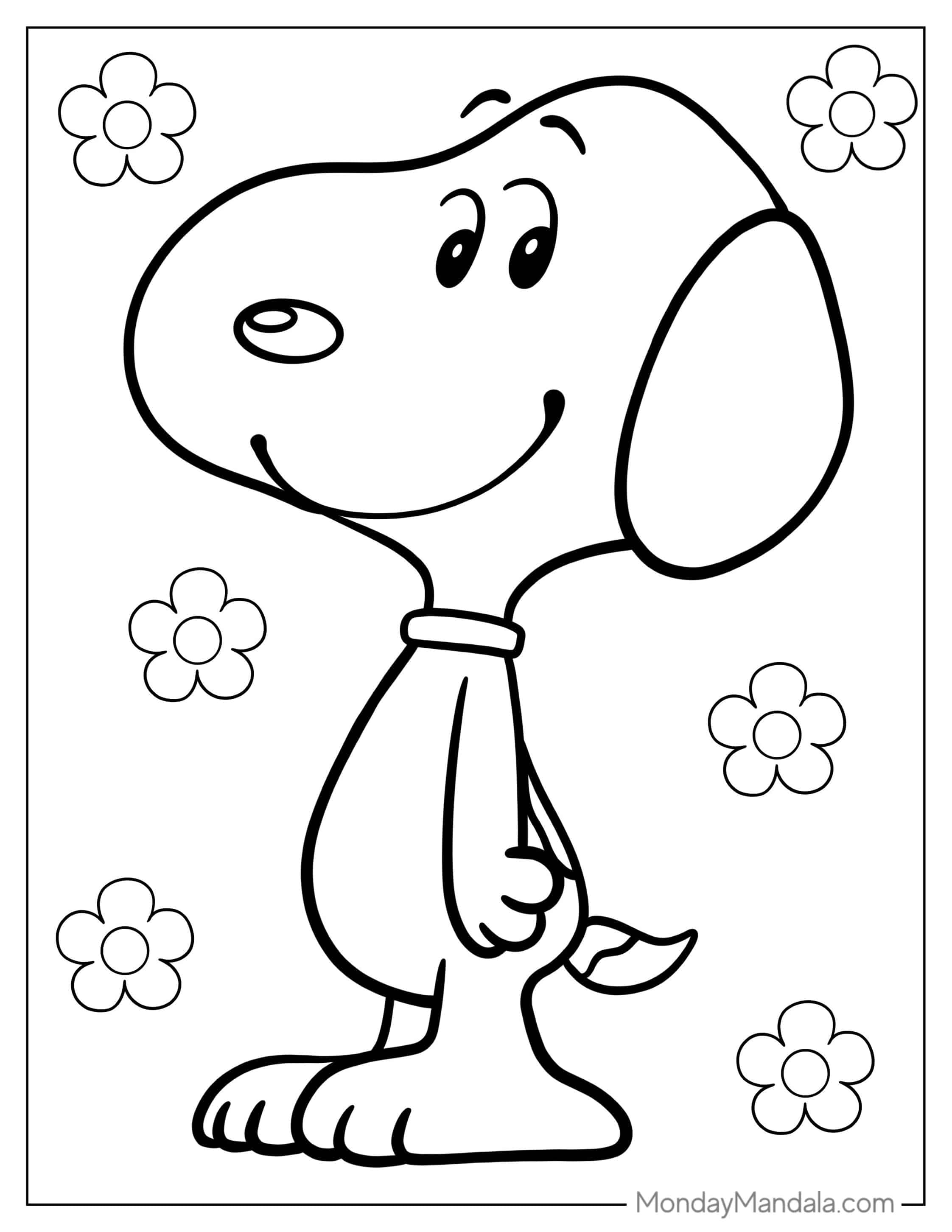 Smiling Snoopy With Flowers Coloring Picture coloring page — printable line art