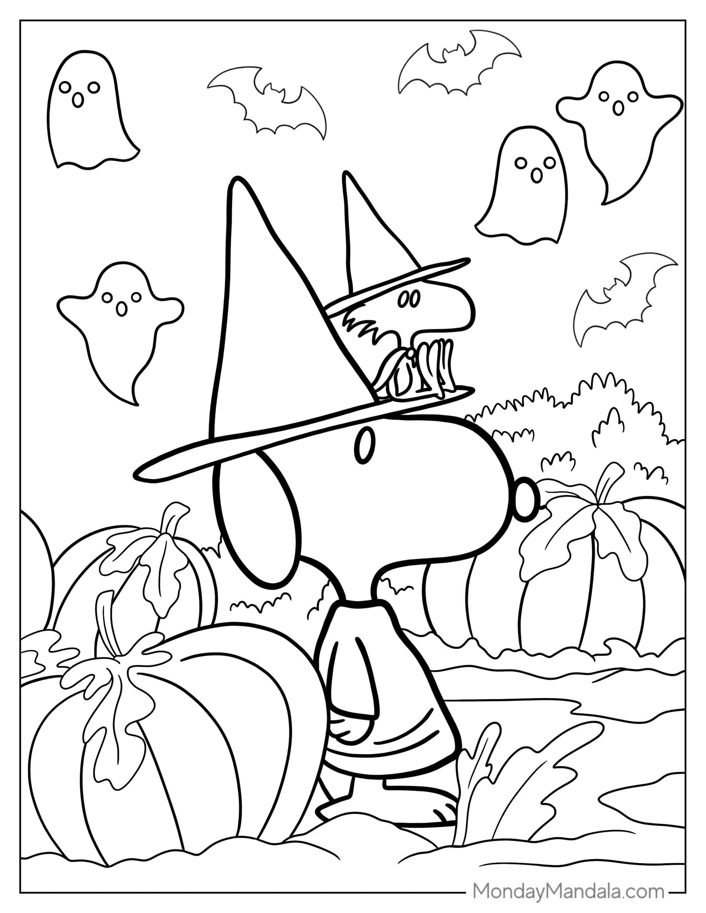 Snoopy And Woodstock Trick Or Treating During Halloween coloring page — printable line art