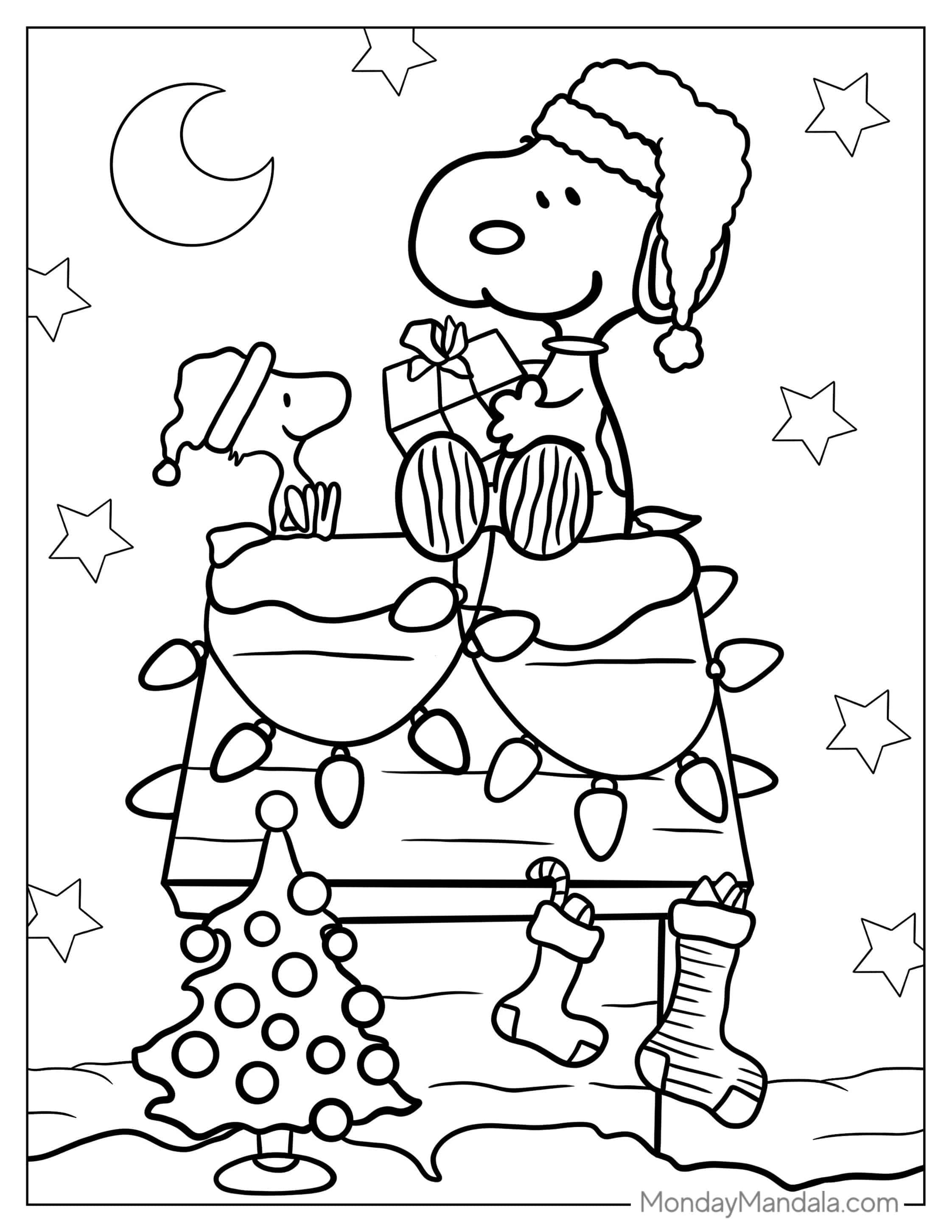 Snoopy And Woodstock Unwrapping Gifts During Christmas coloring page — printable line art