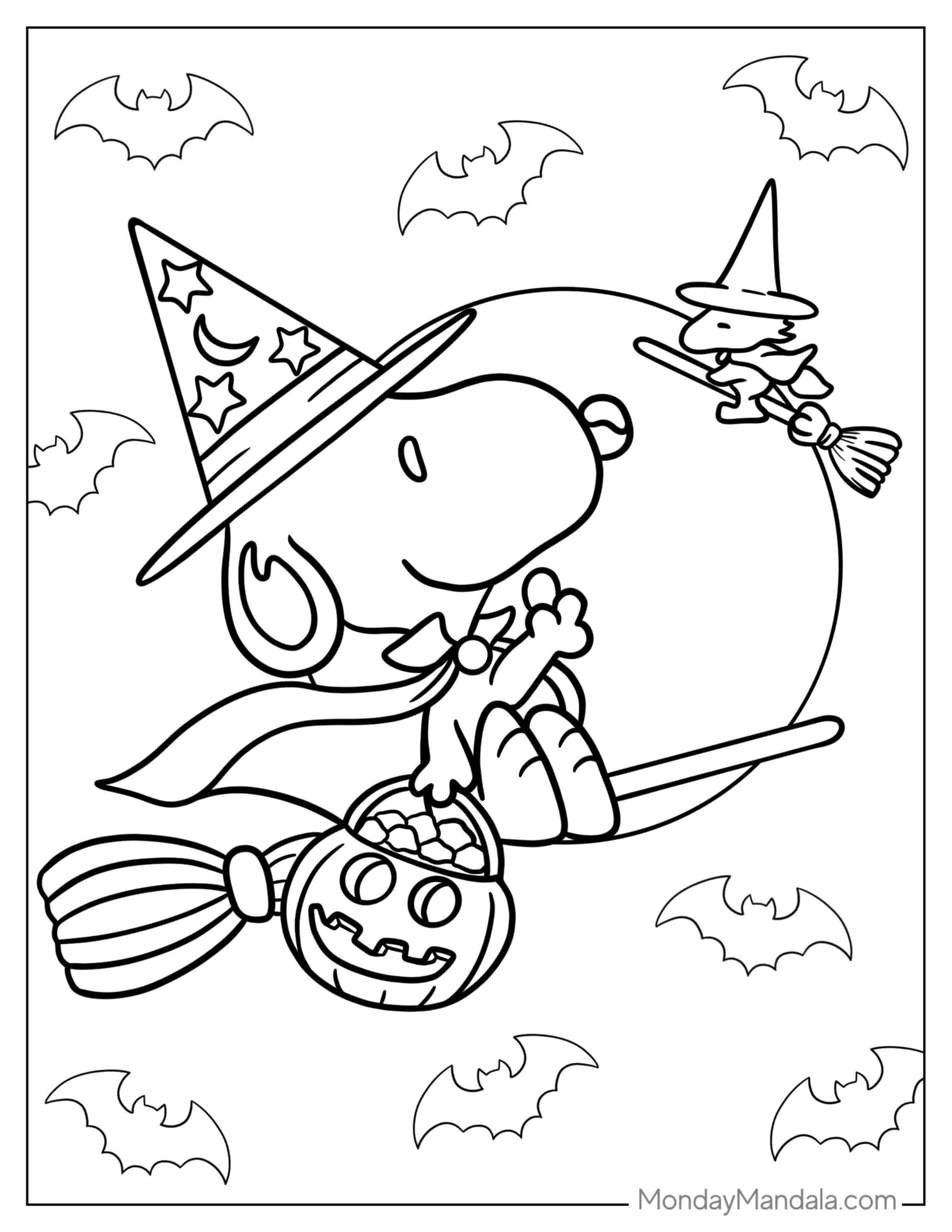 Snoopy Flying On Broomstick With Jack O Lantern coloring page — printable line art