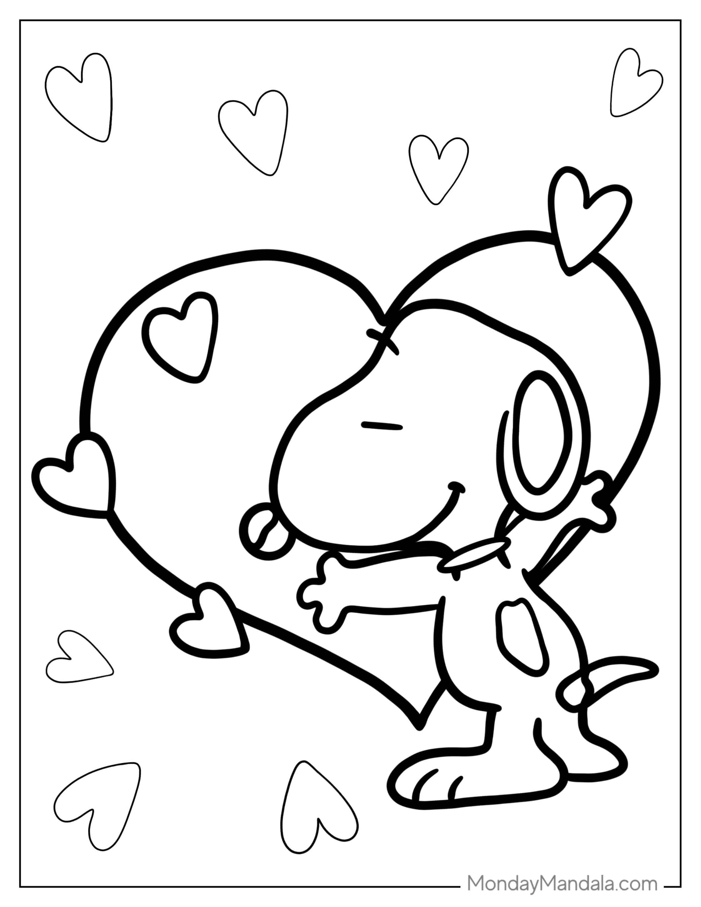 Snoopy Hugging a Big Love Heart To Color coloring page